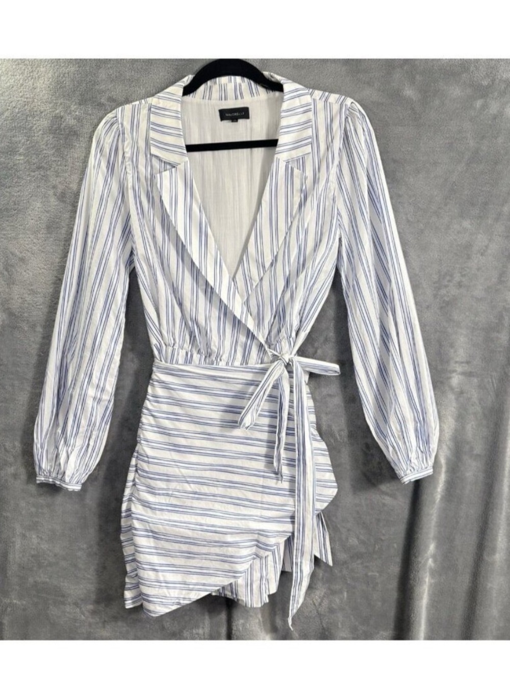 MAJORELLE Women Stripe Wrap Mini Dress Long Sleeve V Neck Sz M Blue White 50-20